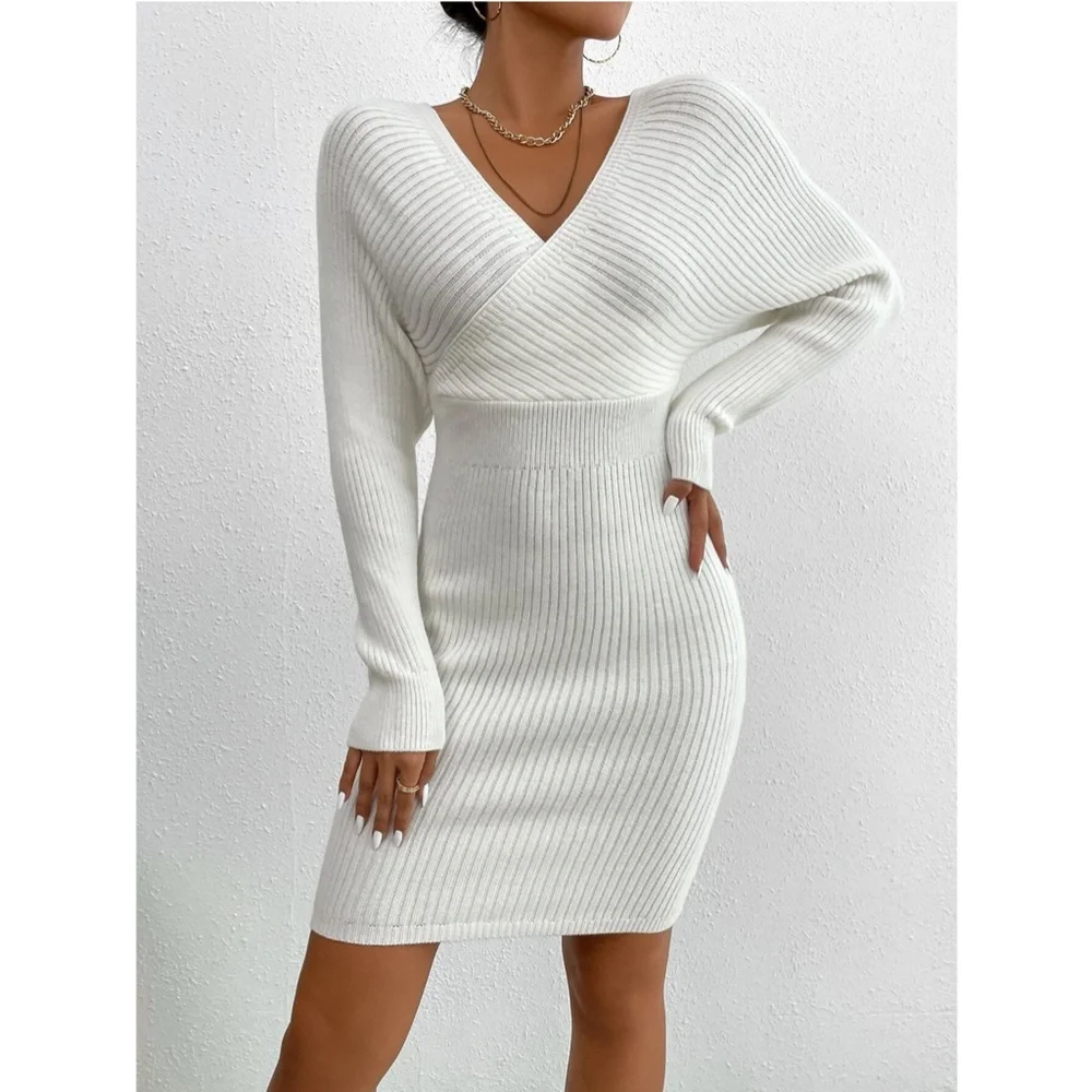 White Off Shoulder V-Neck Rib Knit Sweater Mini Short Dress Long Sleeve - Picture 6 of 9